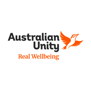 Australian Unity logo, including a stylized orange bird taking flight and text below reading 'Real Wellbeing'. Click to go to Australian Unity's website.