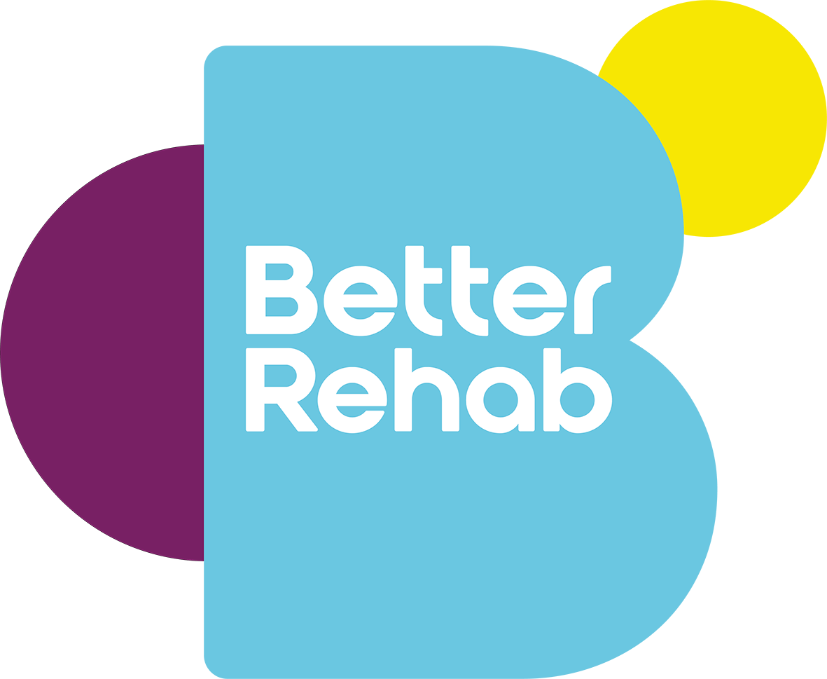 Better Rehab logo including a capital blue B, purple semi-circle and yellow circle. Click to go to Better Rehab's website.