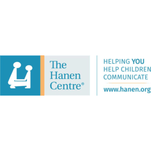The Hanen Centre's logo, including a stylised outline of an adult kneeling down to talk to a child, with text to the right reading "Helping you help children communicate" and their website. Click to go to The Hanen Centre's website.